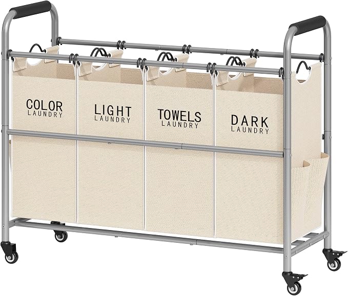 Tajsoon 4 Bag Laundry Sorter Cart, Laundry Sorter 4 Sections, Beige | Laundry Hamper Sorter with Heavy Duty Lockable Wheels, Laundry Separator with Removable Bags, Bedroom, Laundry Room, Bathroom by Tajsoon