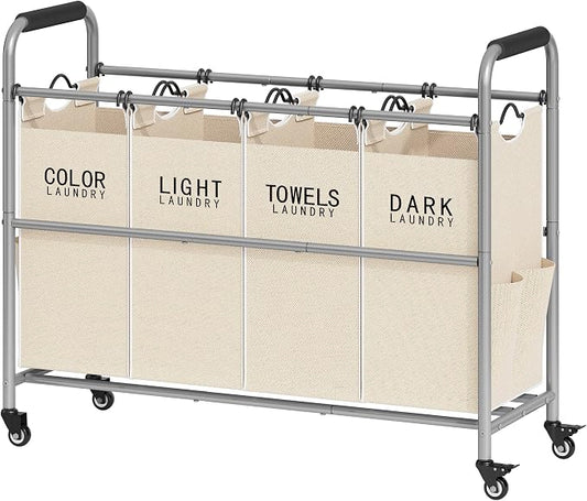 Tajsoon 4 Bag Laundry Sorter Cart, Laundry Sorter 4 Sections, Beige | Laundry Hamper Sorter with Heavy Duty Lockable Wheels, Laundry Separator with Removable Bags, Bedroom, Laundry Room, Bathroom by Tajsoon