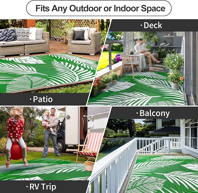 Waterproof Outdoor Rug 8x10ft, Green Leaf Reversible Plastic Straw Mat for Patio RV Deck Porch Backyard Balcony Camping Picnic Beach Indoor Outdoor Carpet, Green&White - Image 4
