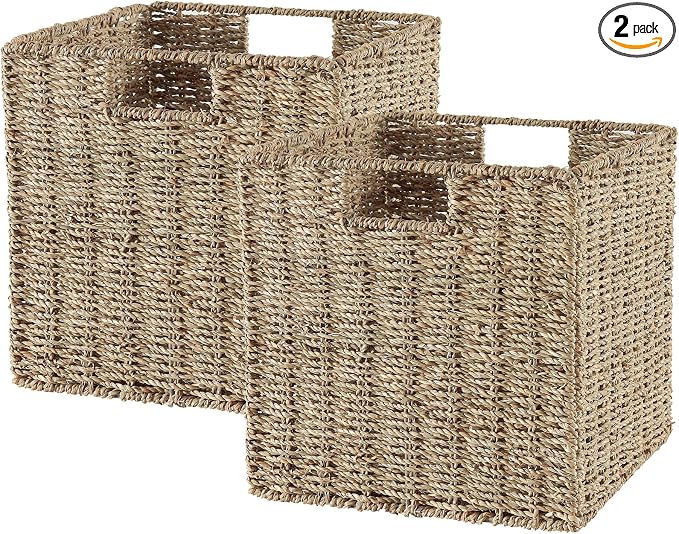 Vagusicc Wicker Storage Basket, Set of 2 Seagrass Storage Baskets, 13 Inch Foldable Wicker Basket Square Cube Storage Bins Storage Baskets for Organizing Shelf Baskets, 13''x13''x13'' by Vagusicc