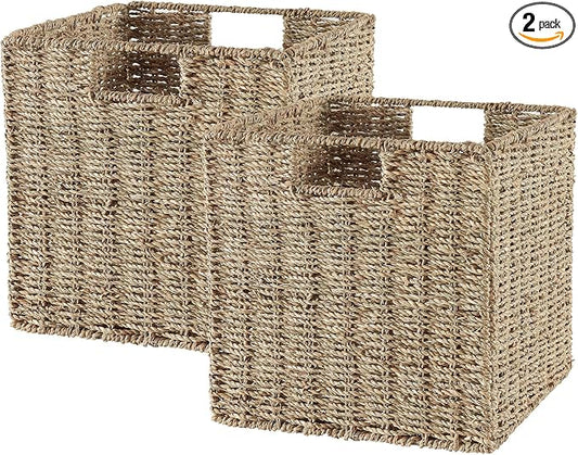 Vagusicc Wicker Storage Basket, Set of 2 Seagrass Storage Baskets, Foldable Wicker Basket 9 Inch Square Cube Storage Bins Storage Baskets for Organizing Shelf Baskets, 9''x9''x9'' by Vagusicc