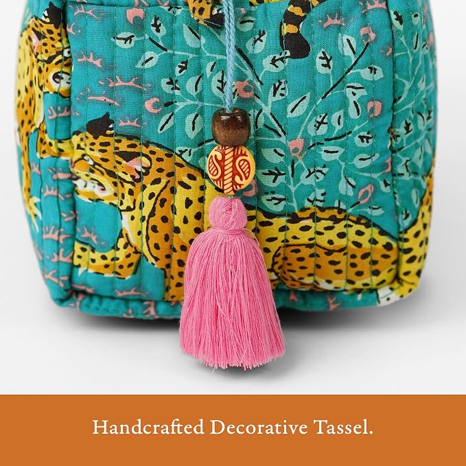 Saffron Marigold Quilted Makeup Bag Set of 3, Hand Block Printed Cotton Cosmetic Bags for Women, Waterproof Lined Travel Toiletry Bag, Coquette Aesthetic, Handmade Gift, Turquoise Cheetah Trails - Image 3