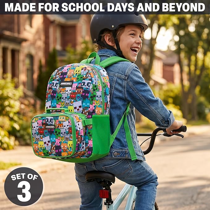 Get Trend Minecraft Kids Backpack Set for Boys with Insulated Lunch Bag & Pencil Case, 3 Pc Book Bag with Padded Straps for School, Travel, Creeper Gamer Gifts for Boys (Green/Multi Minecraft) - Image 5