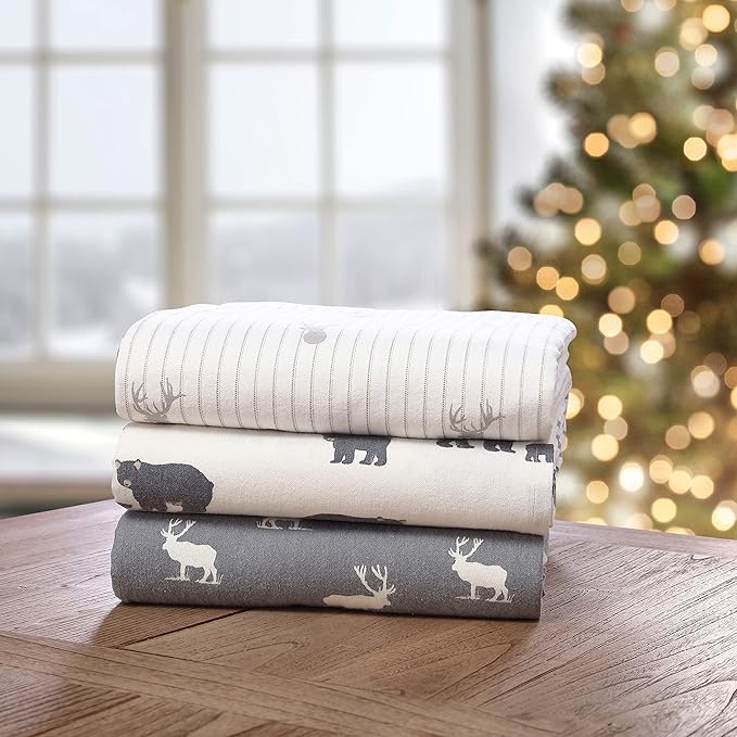 Eddie Bauer - Flannel Sheets Twin Size, Anti-Pilling & Wrinkle Resistant Cotton, Touchably Soft for All-Season Comfort - Bed Sheets with Matching Pillowcase & Fitted Sheet (Bear Family Grey)