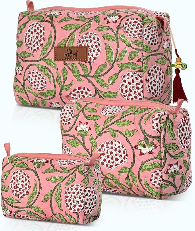 Ridhi Strawberry Pink Hand Block Printed Floral Toiletry Bag For Women 100% Cotton Quilted Set of 3 Waterproof Inner Lining, Cosmetic Jewelry Organizer, Travel Pouch, Essential Storage Purse Gifts by Ridhi