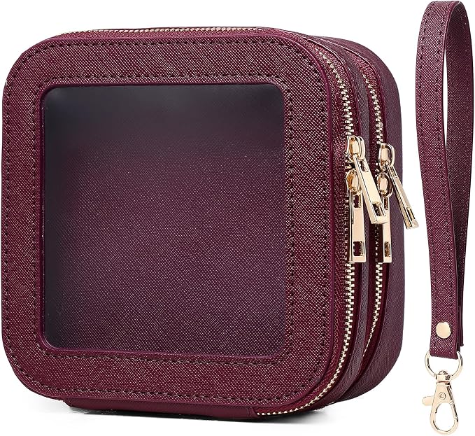 Pinkmik Double Layer Makeup Bag Small Clear Makeup Pouch Mini Travel Cosmetic & Toiletry Bag Purse Organizer and Car Essentials for Women (X/Burgundy, 2-Layer MINI) by Pinkmik