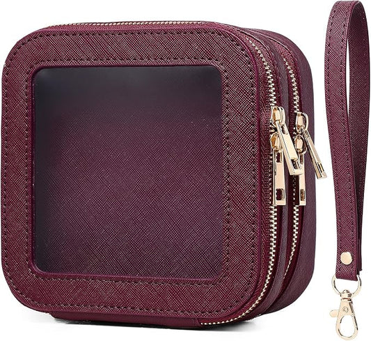 Pinkmik Double Layer Makeup Bag Small Clear Makeup Pouch Mini Travel Cosmetic & Toiletry Bag Purse Organizer and Car Essentials for Women (X/Burgundy, 2-Layer MINI) by Pinkmik