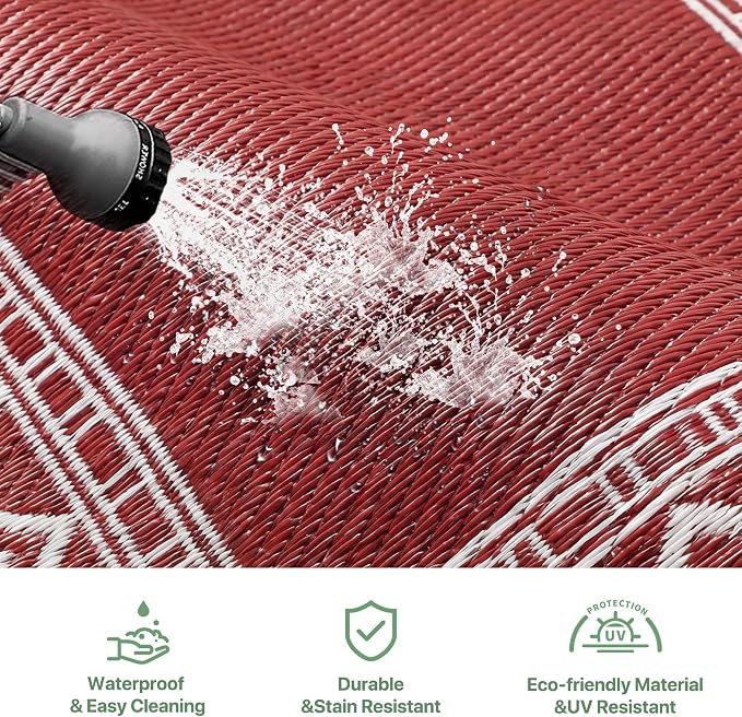 GENIMO Outdoor Rug, Waterproof Plastic Rugs for Patio, 6'x9' Red White | Outside Larger Modern Carpet Mat for Porch Decor, Deck, Balcony, Camping, RV, Backyard, Picnic, Beach, Reversible - Image 5
