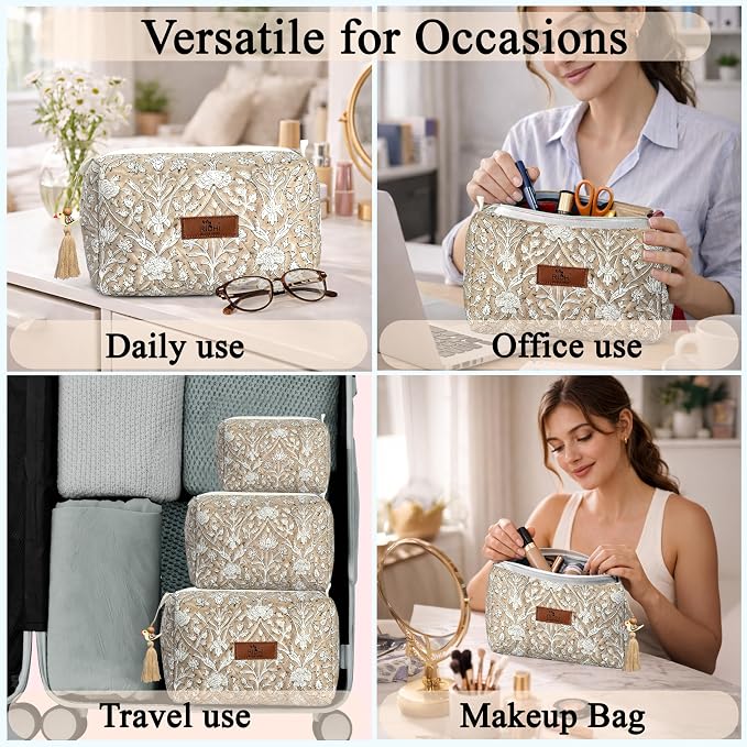 Ridhi Taupe Hand Block Printed Floral Toiletry Bag For Women 100% Cotton Quilted Set of 3 Waterproof Inner Lining, Cosmetic Jewelry Organizer, Travel Pouch, Essential Storage Purse Gifts - Image 5