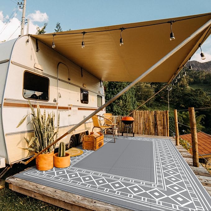 GENIMO Outdoor Rug, Waterproof Plastic Rugs 10'x14' for Camping Grey White | Outside Larger Modern Carpet Mat for Porch Decor, Deck, Balcony, Camping, RV, Backyard, Picnic, Beach, Reversible - Image 2