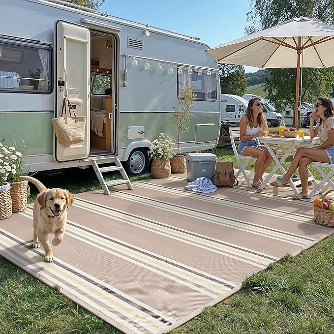 PureCozy Outdoor Waterproof 8x10 Rug for Patio Reversible Plastic Straw Beige Striped Camping Mat Outside Lightweight Large Floor Mat for RV Deck Beach Balcony Picnic Backyard Entry Porch - Image 2