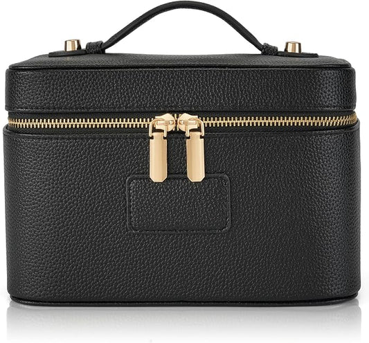 Makeup Bag Travel Toiletry Leather Cosmetic Case, Waterproof Makeup Organizer with Brush Holder, Wipe Clean Removable Divider Vanity Train Bag for Women, Black by Unknown