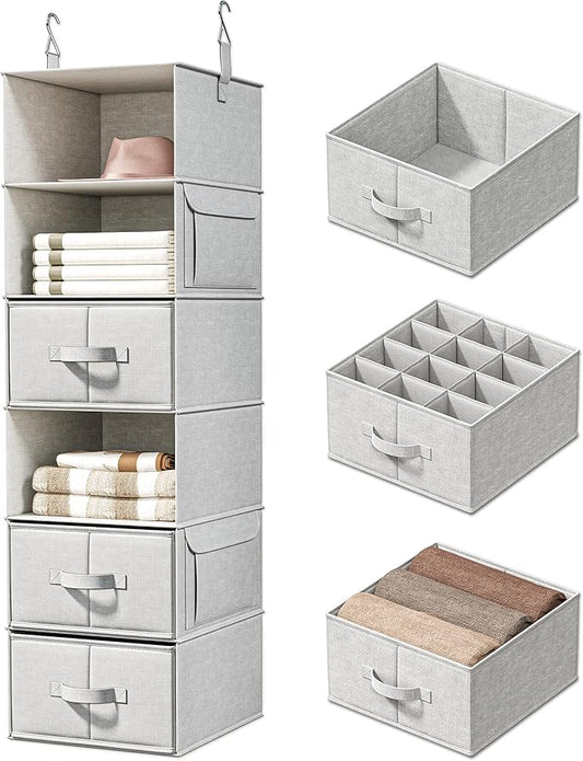 Vailando 6-Shelf Hanging Closet Organizer with 3 Drawers, Closet Hanging Shelves with Removable Fabric Drawers for Wardrobe, Nursery & Dorm Storage, Silver Gray by Vailando