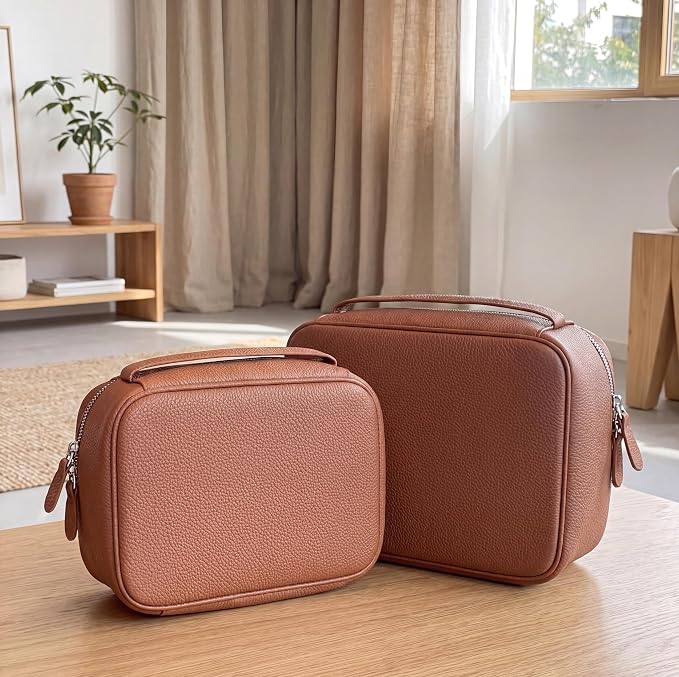Luxury Genuine Cowhide Leather Cosmetic Organizer Bag – Large Capacity Makeup & Toiletry Travel Case with Compartment, Brush Holder for Women and Men - Image 4