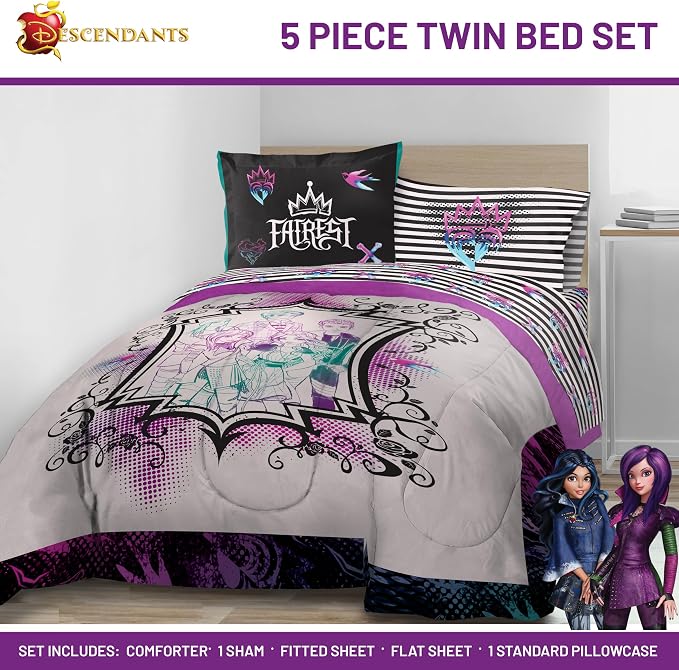Jay Franco Kids Comforter Set Includes Sheets and Pillow Cover - Soft and Cozy Bed Set for Stylish Room Décor, Multi - Descendants, 5 Piece Twin - Image 2