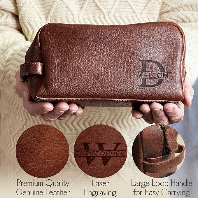 Danique Jewelry 100% Genuine Leather Personalized Toiletry Bag for Men • Mens Toiletry Travel Bag • Travel Essentials • Vacation Essentials Bathroom Travel Organizer • Groomsmen Gifts Shaving Bag - Image 4