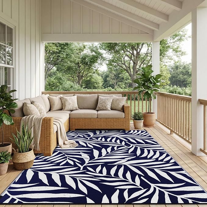 Smiry Outdoor Rug 6x9 ft, Waterproof Reversible Plastic Straw Rugs, Outdoor Area Rug with Leaf Pattern, Outside Floor Mat for Patio, Backyard, Deck, Picnic, Beach, Camping, Navy & White - Image 6