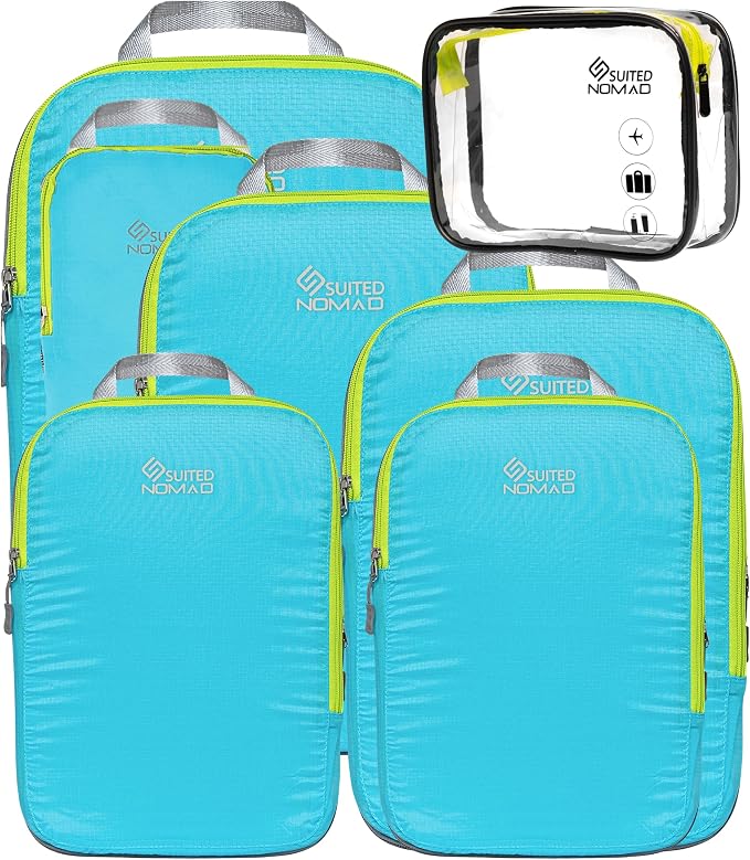 SUITEDNOMAD Ultralight Compression Packing Cubes Set, Suitcase and Backpack Travel Organizer Bags (Turquoise, 7Piece) by SUITEDNOMAD
