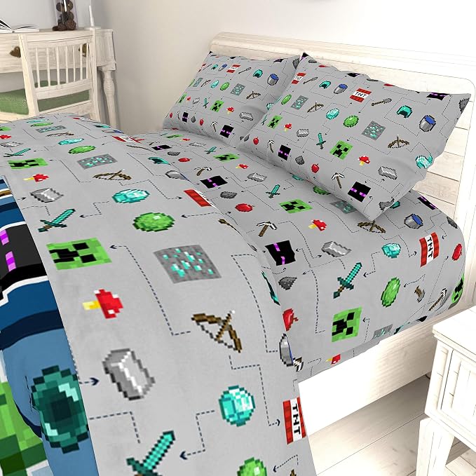 Jay Franco Kids Sheet Set with Fitted, Flat Sheets & Pillow Cover - Ultra-Soft Bedding with Pillowcase for Room Decor, Gray - Minecraft, 4 Piece Full - Image 7