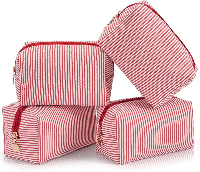 Makeup Bag Set for Women, 4PCS Travel Cosmetic Bags Pencil Case, Striped Seersucker Toiletry Organizer Pouches, Cute Makeup Pouch for Purse, Accessories and Gifts, Red by Unknown