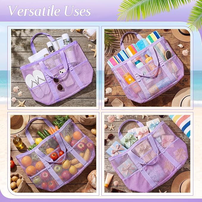Hillban Large Beach Mesh Bags Bulk for Women Beach Tote Bag with 8 Pocket Zipper Waterproof Sandproof for Pool Cruise Ship - Image 5