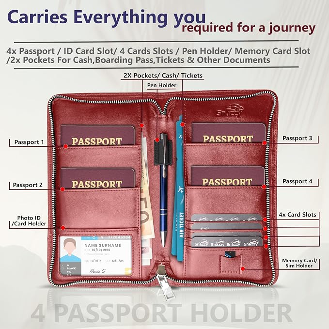 Family 4 Passport Holder - Travel Wallet RFID Blocking, Document Organizer, Essentials Plane Accessory Cover for Women Men (Red) - Image 2