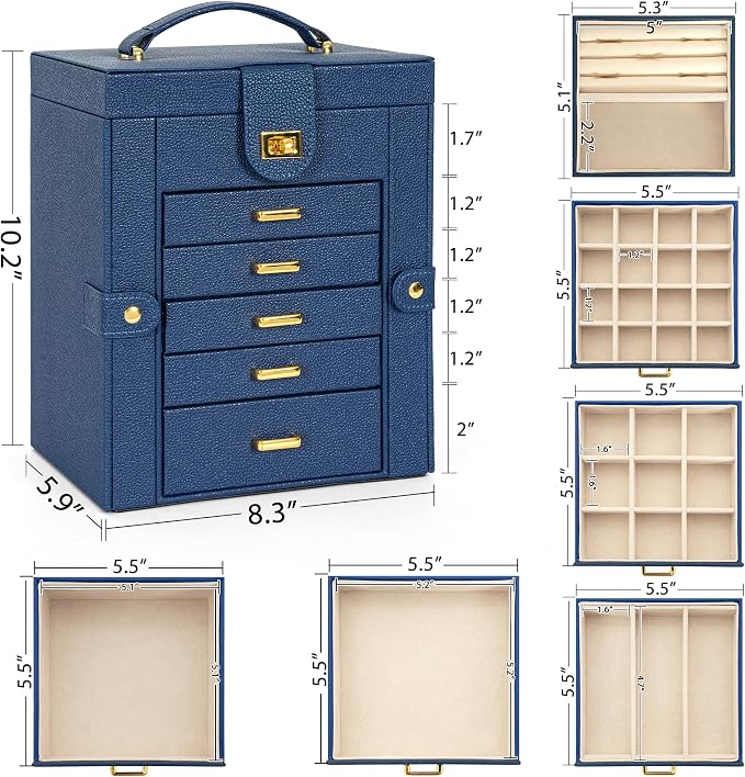 AKOZLIN 6-Tier Jewelry Box Organizer Functional 5 Drawers Leather Jewelry Storage Case for Women Girls Ring Necklace Earring Bracelet Holder Organizer with Mirror Blue Regular - Image 2