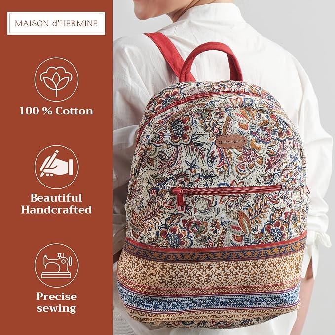 Maison d' Hermine Backpack for Women Men Cotton Shoulder Multipurpose Rucksack with Small Pouch Lightweight Multi Pocket Bag for Travel Work Beach Perfect for Spring Summer (Jaipur) - Image 2