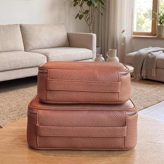 Luxury Genuine Cowhide Leather Cosmetic Organizer Bag – Large Capacity Makeup & Toiletry Travel Case with Compartment, Brush Holder for Women and Men - Image 3