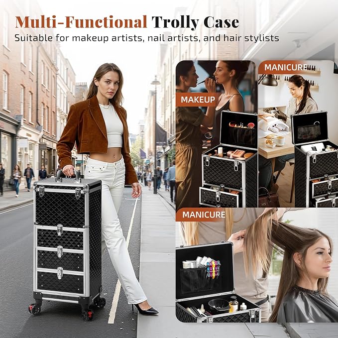 Rolling Makeup Train Case with 3 Drawers, Nail Trolley Cart Salon Station Cosmetology Case on Wheels Organizer Cases for Nail Tech,SPA,Face Painting,Hairstylist,Makeup Artist (Silver & Black) - Image 2