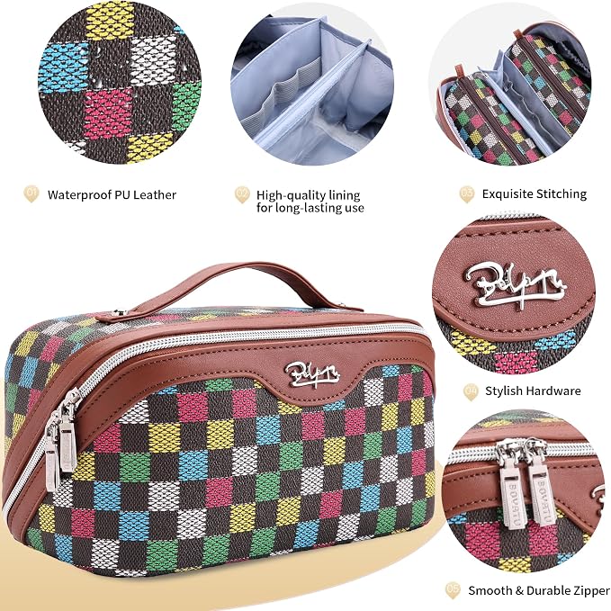 BOYATU Travel Makeup Bag Organizer Cosmetic Bag: 3 Pcs Set Make up Bags for Women with Handle - Waterproof Vegan Leather Toiletry Bag (01-H-Brown) - Image 2