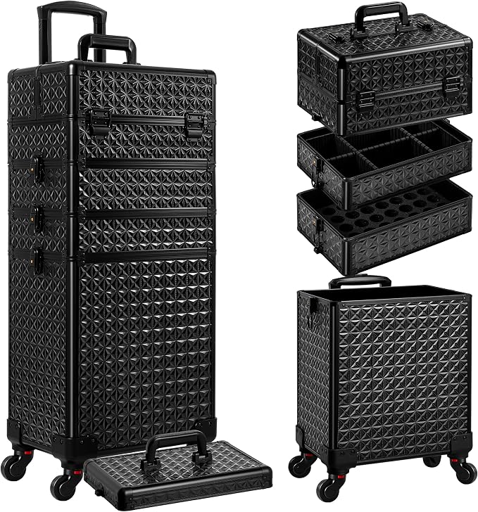 AROUS 5 in 1 Rolling Makeup Train Case with Lid Cosmetology Case on Wheels | Large Cosmetic Trolley Organizer with Keys Salon Barber Case Traveling Cart Trunk for Artist Hairstylists Nail Tech, Black - Image 8