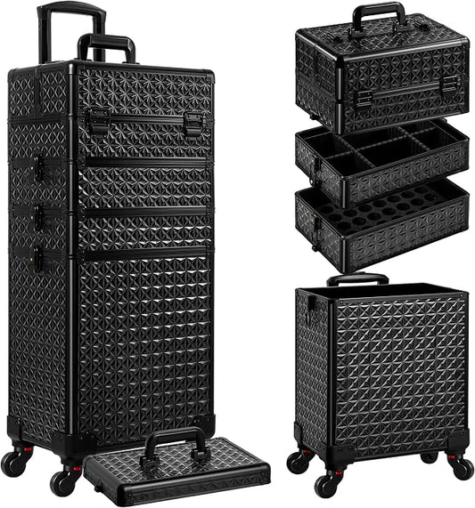 AROUS 5 in 1 Rolling Makeup Train Case with Lid Cosmetology Case on Wheels | Large Cosmetic Trolley Organizer with Keys Salon Barber Case Traveling Cart Trunk for Artist Hairstylists Nail Tech, Black by Unknown