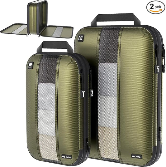 Premium Ultralight Compression Packing Cubes for Travel - Bag Factor Luggage Organizer Set (Double Sided Clean Dirty - Olive Green - 2 Set) by BagFactor