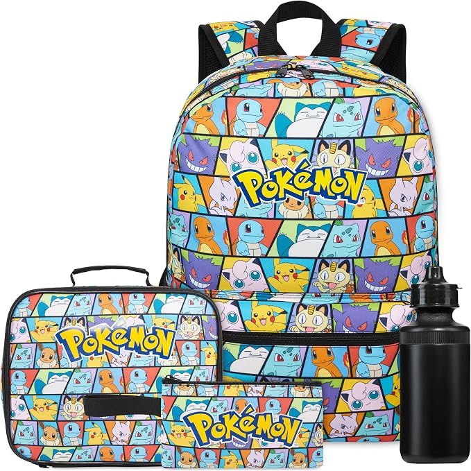 Get Trend Pokemon Boys Backpack 4 Piece Set | 18 In Bookbag with Insulated Lunch Bag, Zipped Pencil Case & BPA-Free Water Bottle, Adjustable Padded Straps, Gifts for Boys by GetTrend