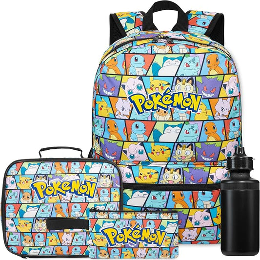 Get Trend Pokemon Boys Backpack 4 Piece Set | 18 In Bookbag with Insulated Lunch Bag, Zipped Pencil Case & BPA-Free Water Bottle, Adjustable Padded Straps, Gifts for Boys by GetTrend
