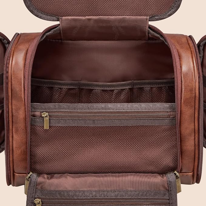 Personalized Fathers Day Birthday Gifts for Husband Dad Grandpa Papa from Daughter Son, Unique Mens Large Leather Travel Toiletry Bag Hanging Shaving Dopp Kit Bathroom Shower Cognac Letter J - Image 5