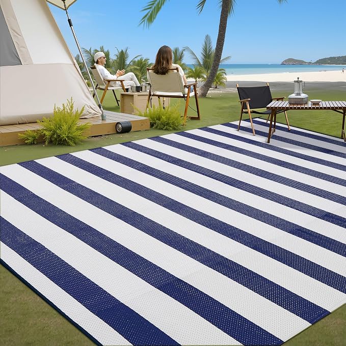 PureCozy Outdoor Waterproof Patio Rug 8x10 Plastic Straw Reversible Lightweight Outside Navy Blue Striped Large Carpet Outdoor for Camping RV Porch Deck Balcony Beach - Image 4