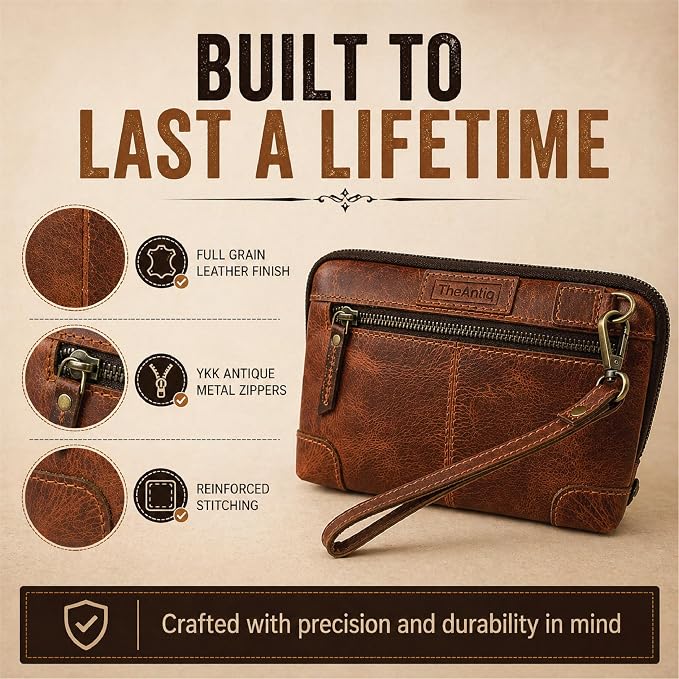 Genuine Leather Makeup Bag Travel Organizer, Premium Handcrafted Cosmetic Pouch with Zipper & Wrist Strap, Durable Toiletry Storage for Women & Men, 5 x 9- Tan - Image 8
