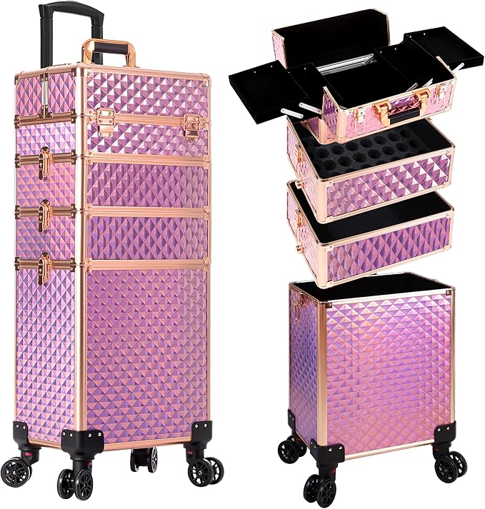 AROUS Rolling Makeup Train Case 4 in 1 Cosmetology Case on Wheels Large Storage Cosmetic Trolley with Key Salon Barber Case Traveling Cart Trunk, Pink by Unknown
