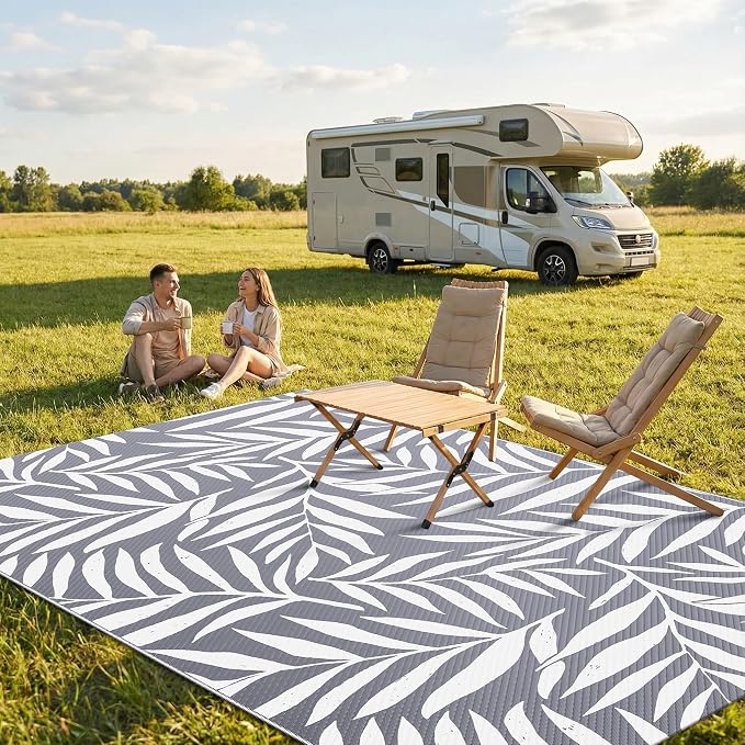 Smiry Outdoor Rug 5x8 ft, Waterproof Reversible Plastic Straw Rugs, Outdoor Area Rug with Leaf Pattern, Outside Floor Mat for Patio, Backyard, Deck, Picnic, Beach, Camping, Grey & White - Image 2
