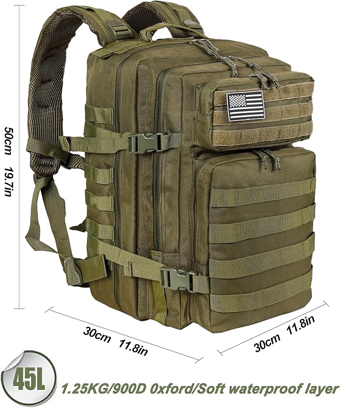 LHI Military Tactical Backpack for Men and Women 45L Army 3 Days Assault Pack Bag Large Rucksack with Molle System - Green - Image 3