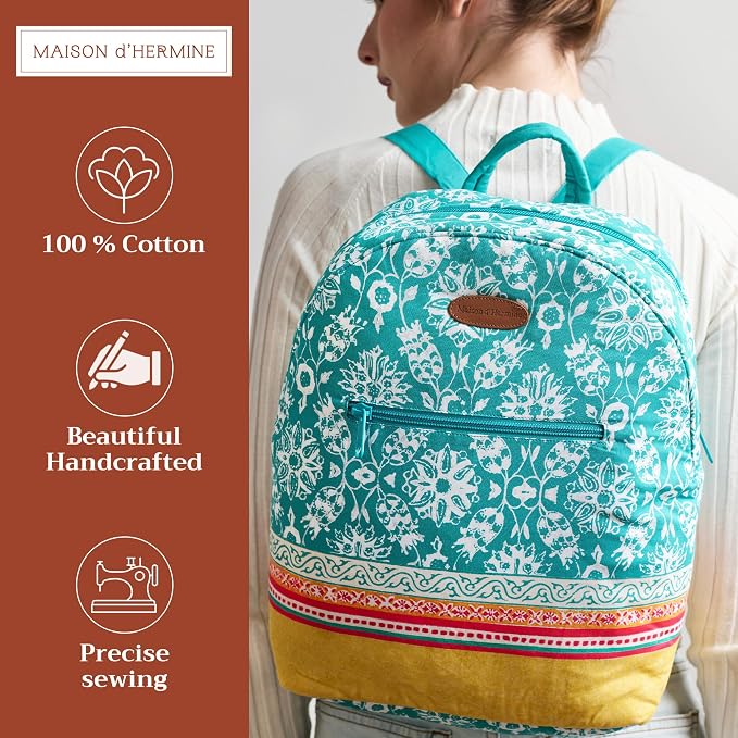 Maison d' Hermine Backpack for Women Men Cotton Shoulder Multipurpose Rucksack with Small Pouch Lightweight Multi Pocket Bag for Travel Beach Perfect for Spring Summer (Katmandou - Turquoise) - Image 2