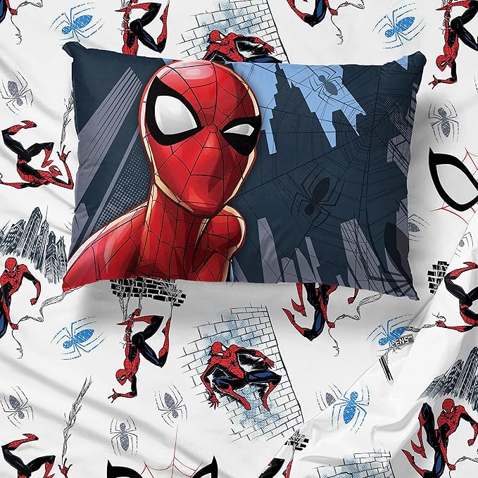 Jay Franco Kids Sheet Set with Fitted, Flat Sheets & Pillow Cover - Ultra-Soft Bedding with Pillowcase for Room Decor, White - Spiderman, 3 Piece Twin - Image 5