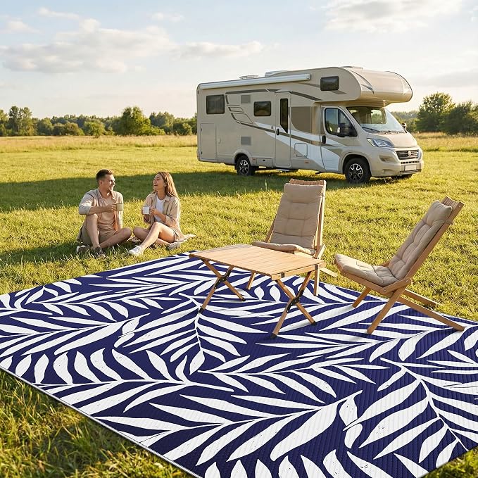 Smiry Outdoor Rug 5x8 ft, Waterproof Reversible Plastic Straw Rugs, Outdoor Area Rug with Leaf Pattern, Outside Floor Mat for Patio, Backyard, Deck, Picnic, Beach, Camping, Navy & White - Image 2