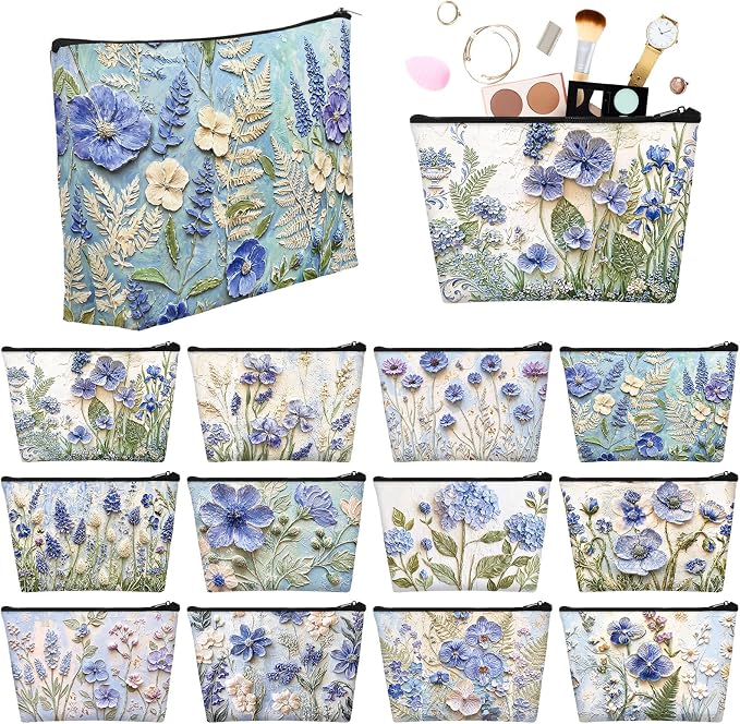 Sweetude 12 Pcs Blue Relief Flowers Makeup Bag Bulk Blue Portable Travel Cosmetic Bag with Zipper Oil Painting Floral Waterproof Roomy Travel Toiletry Organizer Storage Beauty Pouch for Women Gifts by Sweetude