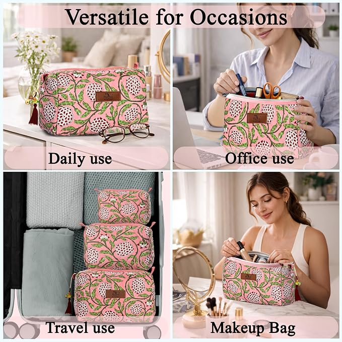 Ridhi Strawberry Pink Hand Block Printed Floral Toiletry Bag For Women 100% Cotton Quilted Set of 3 Waterproof Inner Lining, Cosmetic Jewelry Organizer, Travel Pouch, Essential Storage Purse Gifts - Image 5