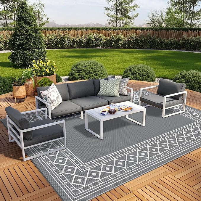 GENIMO Outdoor Rug, Waterproof Plastic Rugs for Patio, 8'x10' Grey White | Outside Larger Modern Carpet Mat for Porch Decor, Deck, Balcony, Camping, RV, Backyard, Picnic, Beach, Reversible - Image 8