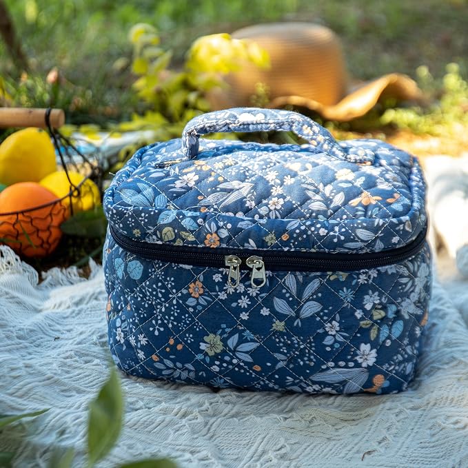 Whispering Flowers Quilted Cotton Cosmetic Zipper Pouch, Large Capacity Makeup Accessories Storage Bag for Women Girls, Aesthetic Coquette Travel Toiletry Organizer (Set of 3) - Image 7