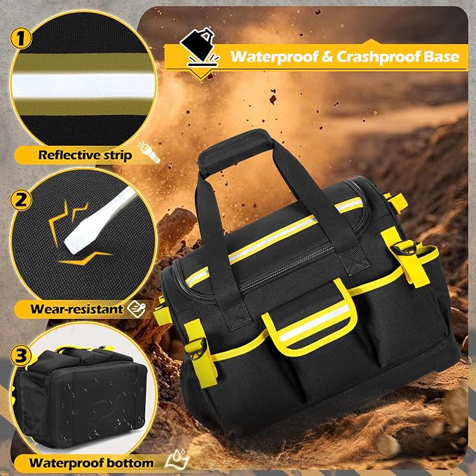 15-Inch Tool Bag with Hard Bottom, Electrician Tool Box Organizer | Detachable Dividers, Multiple Pockets, Reflective Strips, Padded Handle & Shoulder Strap, Ideal for Repairman, Craftsman - Image 5